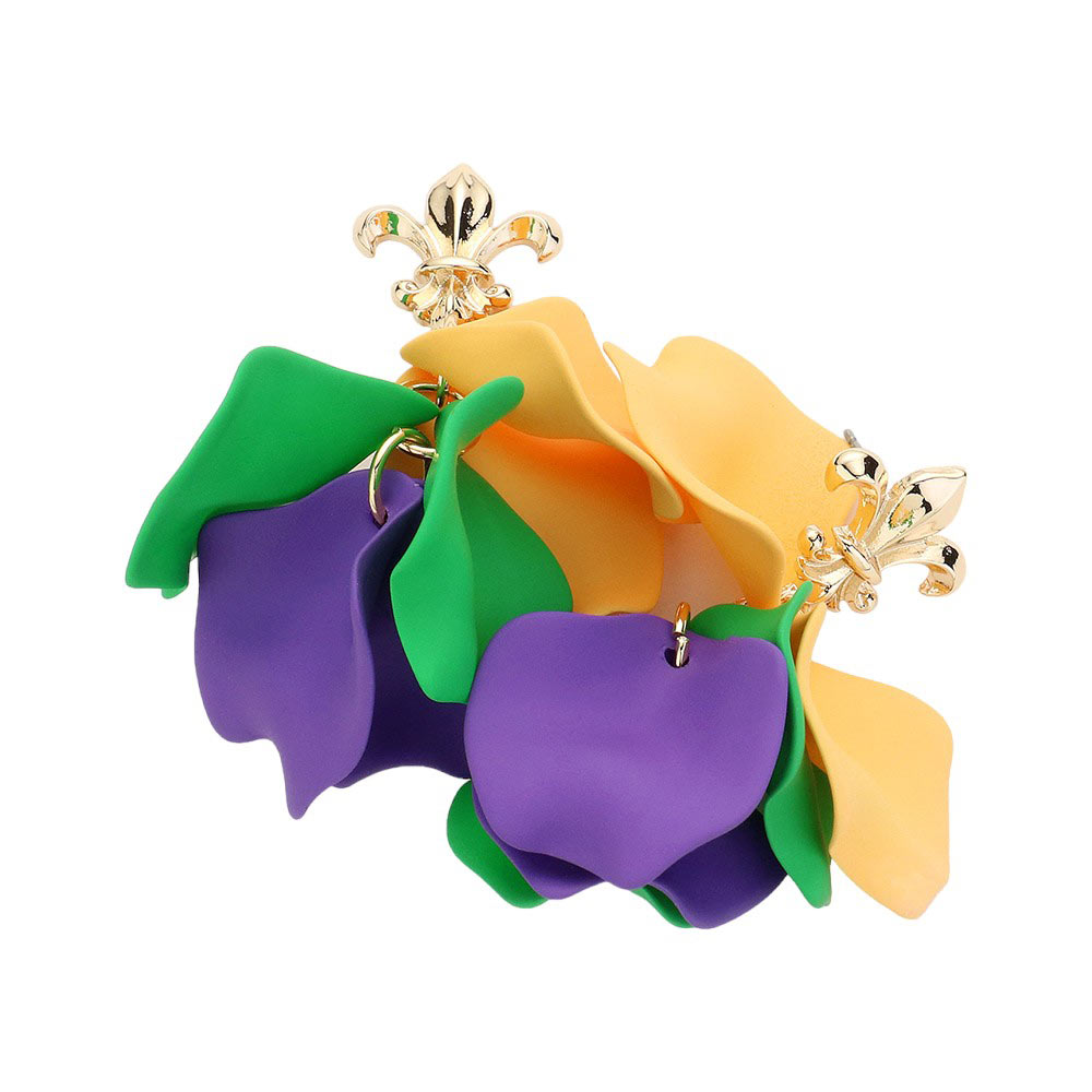 Multi Mardi Gras Fleur de Lis Petal Dangle Earrings are the perfect accessory for any festive celebration. The intricate design and high-quality materials make them a unique and eye-catching addition to your wardrobe. Show off your love for Mardi Gras with these elegant and stylish earrings.