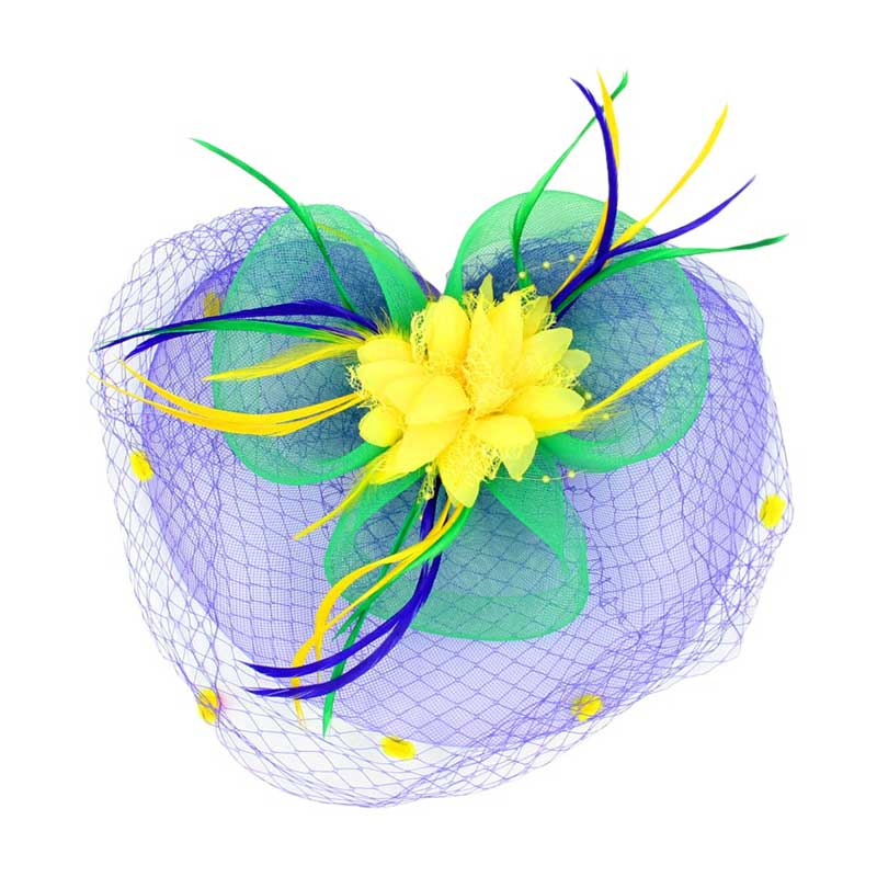 Multi Mardi Gras Floral Mesh Netting Feather Fascinator Headband, This headband features a beautiful floral mesh netting with colorful feathers, perfect for celebrating Mardi Gras with a stylish touch. The netting and feathers are lightweight and comfortable, making it ideal for all-day wear. Perfect festive gift. 