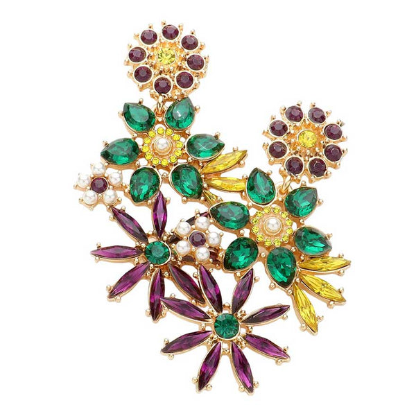 Multi Mardi Gras Floral Multi Stone Dangle Evening Earrings, are perfect for 'Mardi Gras' celebration. Crafted from metal, they feature an eye-catching floral design with small stones for added sparkle. These dazzling earrings will make you stand out and add an elegant touch to your look. Perfect festive gift for loved ones.