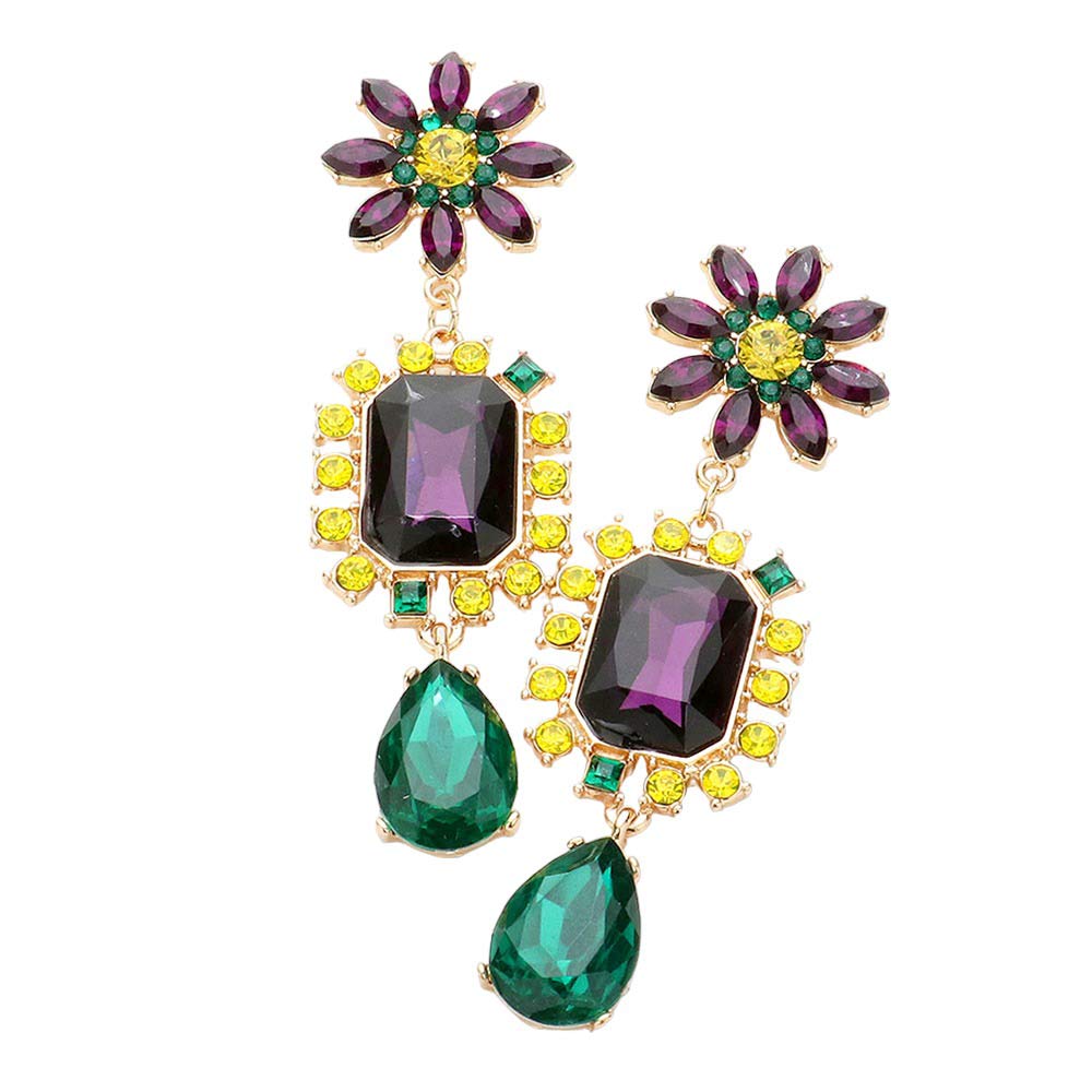 Multi Mardi Gras Floral Multi Stone Link Dangle Evening Earrings, Adorn your evening look with these. Crafted with stones and metal hoops, these beauties will bring a splash of color and glimmer to any look. The delicate design and vibrant colors make them the perfect earrings to add a unique touch to your 'Mardi Gras' look.