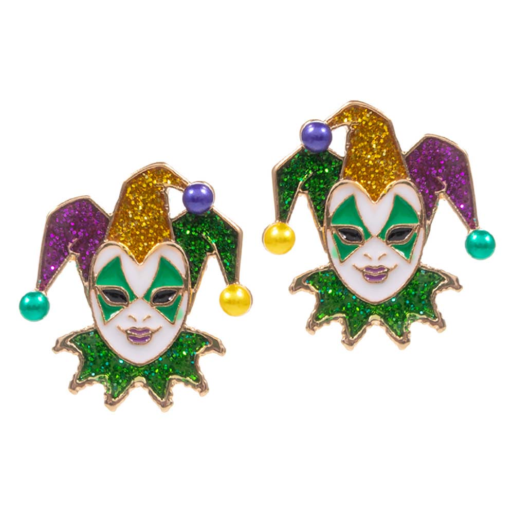 Multi Mardi Gras Glittered Jester Pierrot Stud Earrings, sure to bring an air of elegance to any ensemble. Crafted with a shimmery, glitter-infused resin and finished with a classic post and back closure, these earrings are perfect for Mardi Gras Festive or everyday wear. Perfect festival gift to friends and family members.
