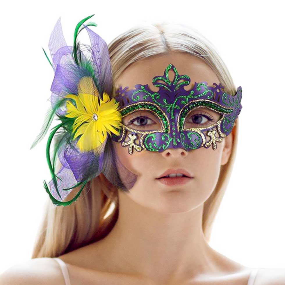 Multi Mardi Gras Masquerade Venetian Feather Mask, features beautiful feathers and a detailed pattern to give you an elegant look for your special event. With its clever design, this mask provides a comfortable fit for all-night enjoyment. The perfect accessory for Mardi Gras, parties, night outings, festive costumes, etc.