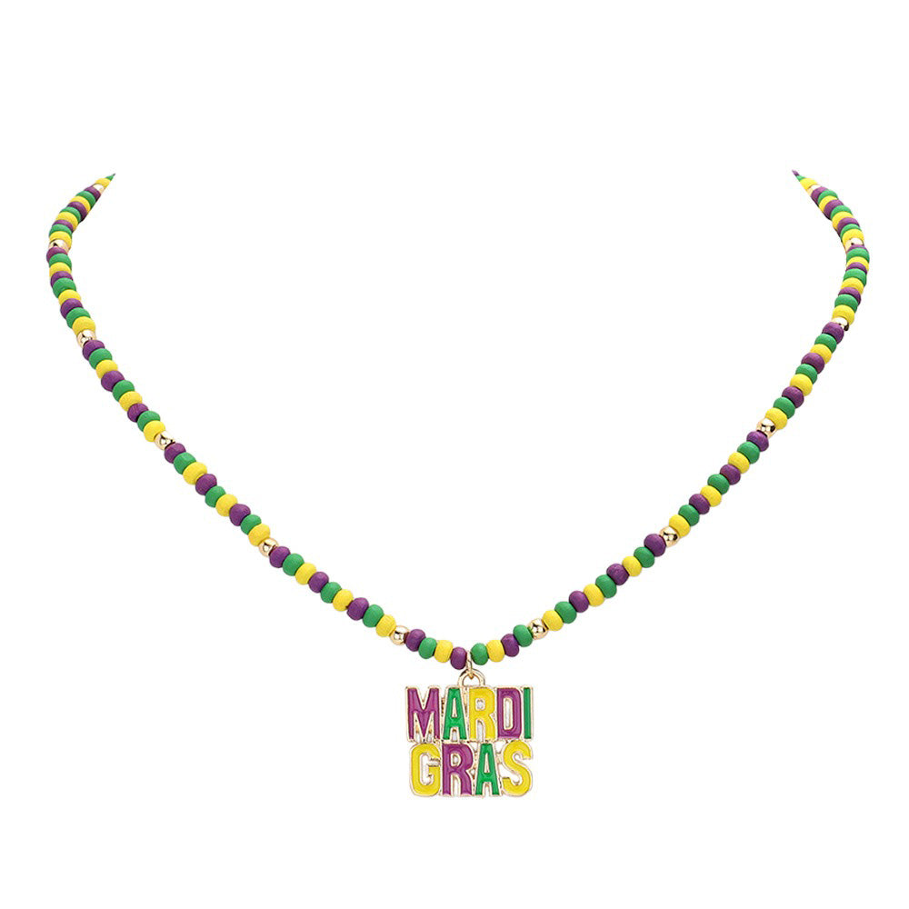Multi Mardi Gras Message Pendant Wood Ball Necklace, Crafted with natural wood and a unique message pendant, this piece will help you stand out from the crowd. A timeless classic, this necklace is sure to be an eye-catching accessory for celebrating Mardi Gras. Perfect for giving a nice festive gift to your loved ones.