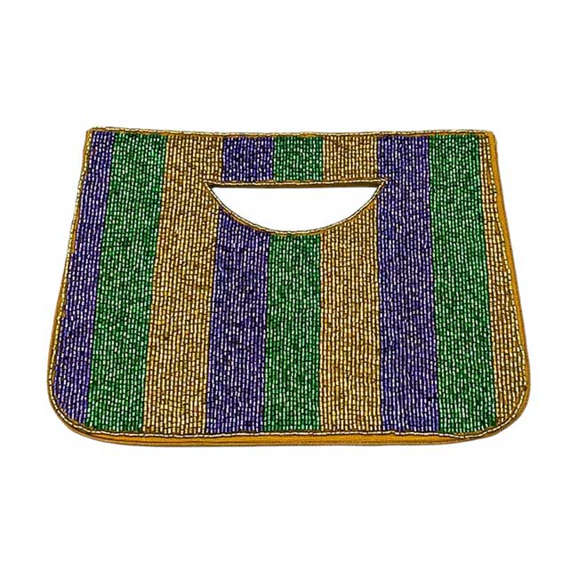 Multi Mardi Gras Seed Beaded Tote Crossbody Bag, featuring shining Mardi Gras beads arranged in a decorative pattern. Crafted from lightweight, durable materials, this bag is the perfect way to add elegant style and bold color to your look. The detachable chain shoulder strap offers versatile carrying options.