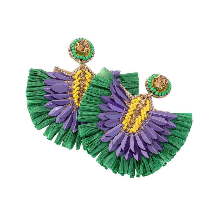 Multi-Mardi Gras Stone Pointed Raffia Fan Dangle Earrings are the perfect accessory for celebrating. Made with vibrant, colorful stones and lightweight raffia fans, these earrings evoke the festive spirit of Mardi Gras. Elevate any outfit and make a statement with these unique and eye-catching earrings.