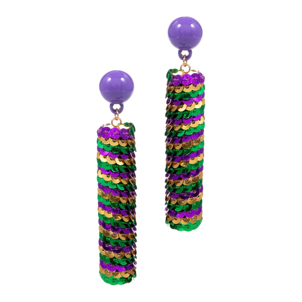 Multi Mardi Gras Wrapped Sequin Dangle Earrings, feature a classic design encrusted with festive sequins, perfect for Mardi Gras celebration. Crafted with lightweight material to ensure easy wear, these will add a touch of sparkle to your outfit. An ideal fun festive gift for family members and friends at a festive time.