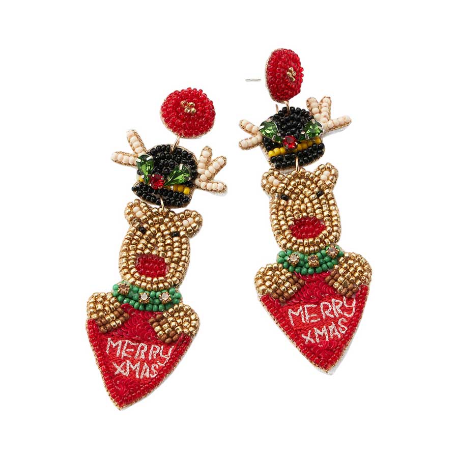Merry Xmas Message Seed Beaded Rudolph Heart Dangle Earrings, get into the Christmas spirit with these beautifully handcrafted decorated merry xmas message earrings, they will dangle on your ears & bring a smile to those you meet. Perfect Gift December Birthdays, Christmas, Stocking Stuffers, Secret Santa, BFF, etc.
