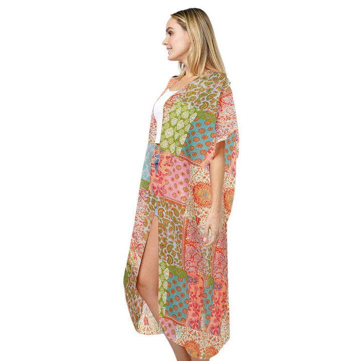 Multi Patchwork Print Lurex Kimono Poncho, Made from high-quality materials, this poncho features a unique patchwork print and shimmering lurex details. Perfect for adding a touch of glamour to any outfit, while also providing comfort and warmth. Experience the best of fashion and function with our kimono poncho.