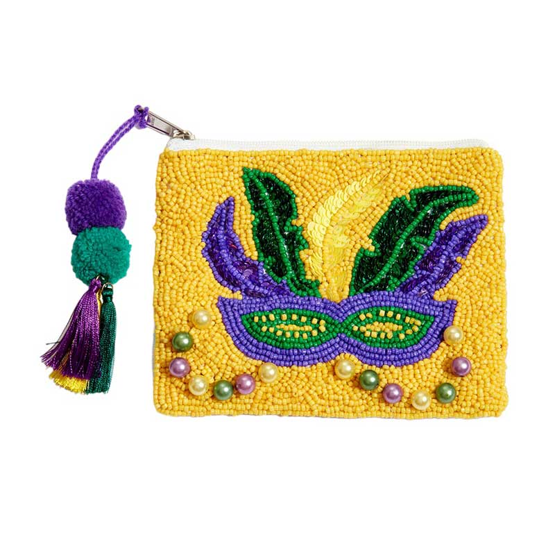 Multi Pearl Accented Seed Beaded Mardi Gras Mask Pom Pom Tassel Mini Pouch Bag, Crafted from quality materials, it features a seed-beaded Mardi Gras mask with pearl accents and a pom-pom tassel that will add a touch of elegance to any outfit. A perfect festive gift for any fashion-forwarded family member or friend. 