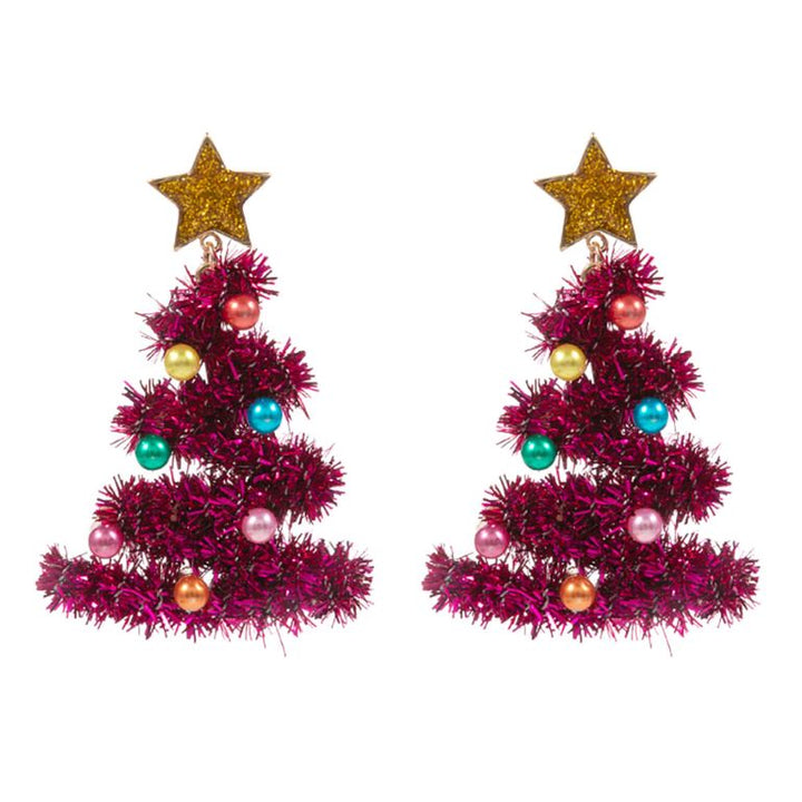Show your holiday spirit with these bold Christmas tree statement earrings, featuring tinsel detailing, colorful ornaments, and a sparkling star topper. Ideal for festive parties and seasonal outfits, these earrings bring cheer and a touch of whimsy to any celebration.