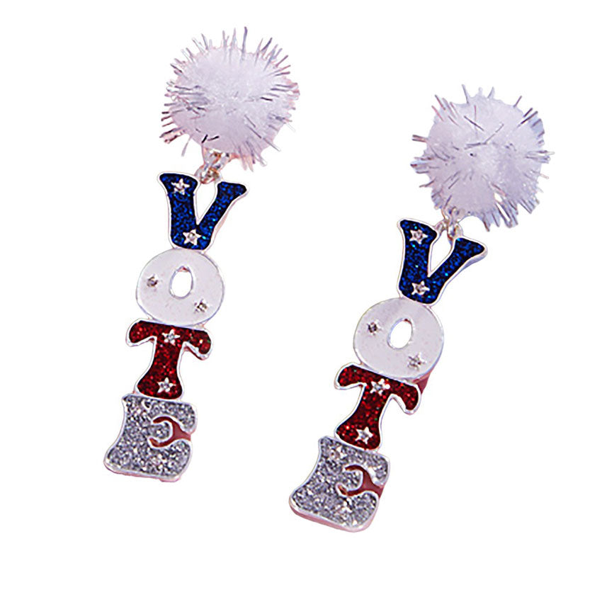 Multi-Pom Pom Glittered Enamel VOTE Message Dropdown Earrings, These  earrings make a statement in support of democracy and voting rights. With their playful pom pom accents and sparkling glitter enamel, these earrings add a touch of fun and glamour to any outfit. Show off your passion for civic.