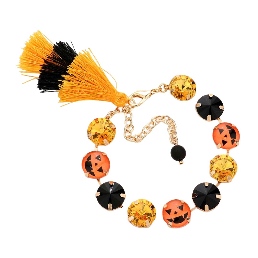 Multi Pumpkin Round Stone Link Triple Tassel Bracelet, enhance your attire with this beautiful pumpkin tassel bracelet to show off your fun trendsetting style at Halloween. This bracelet will make you look more beautiful. This is the perfect gift for Halloween, especially for your friends, family, and your family members.