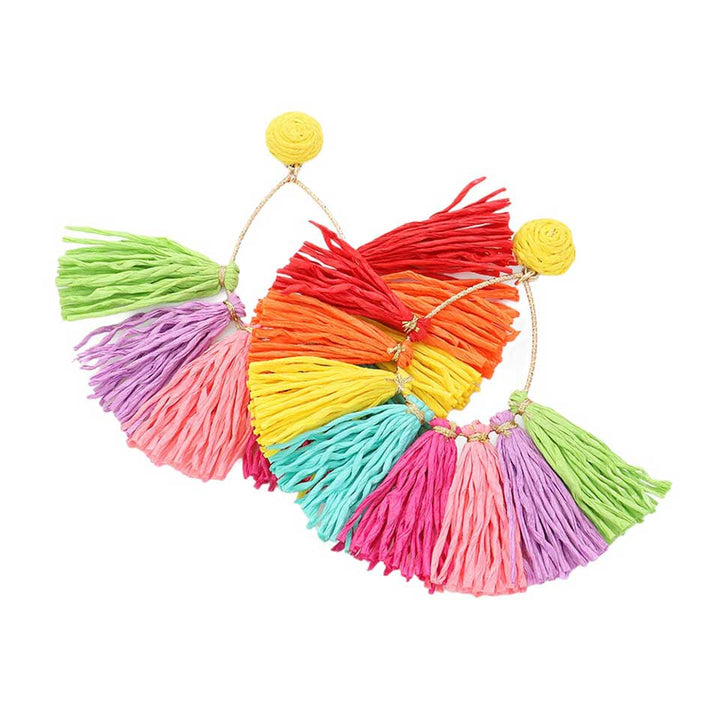 Multi Raffia Fringe Fan Dangle Earrings, Expertly crafted with delicate Raffia Fringe, these earrings add a touch of elegance to any outfit. The fan dangle design creates a unique and eye-catching look, while the lightweight material ensures comfortable wear all day long. Perfect for any occasion.