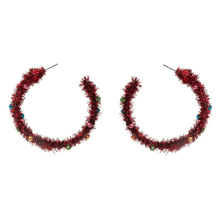 Celebrate the season with these festive tinsel hoop earrings, decorated with miniature ornament accents for a cheerful holiday touch. Lightweight and eye-catching, they’re perfect for adding playful flair to party outfits, winter gatherings, or seasonal celebrations.