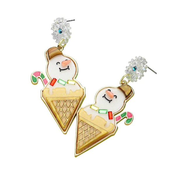 Resin Snowman In Ice Cream Cone Dangle Earrings