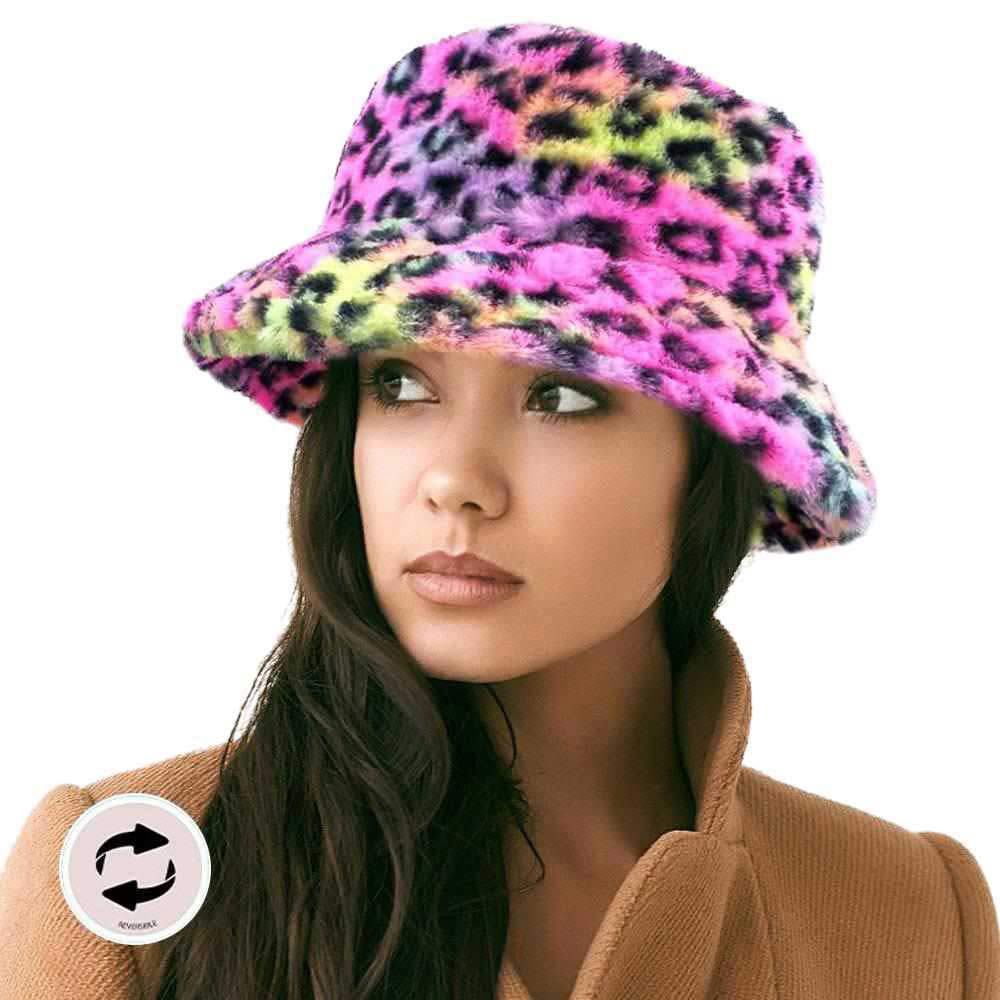 Multi Reversible Leopard Patterned Soft Faux Fur Bucket Hat, stay warm and cozy and protect yourself from the cold. This most recognizable look with a remarkable bold, soft & chic bucket hat. It features a rounded design with a short brim. The hat is foldable and great for daytime. Perfect Gift for cold weather.