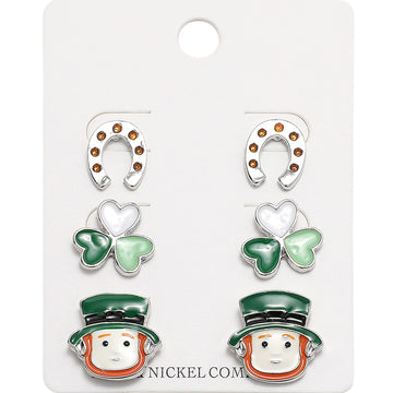 Multi-Rhodium-Enamel St Patricks Clover Leprechaun Horseshoe Stud Earring Set is a must-have for any St. Patrick's Day celebration. The vibrant enamel design features both clovers and leprechauns, representing luck and prosperity. The metal horseshoe adds an extra touch of charm. Elevate your holiday outfit with this festive and stylish accessory.