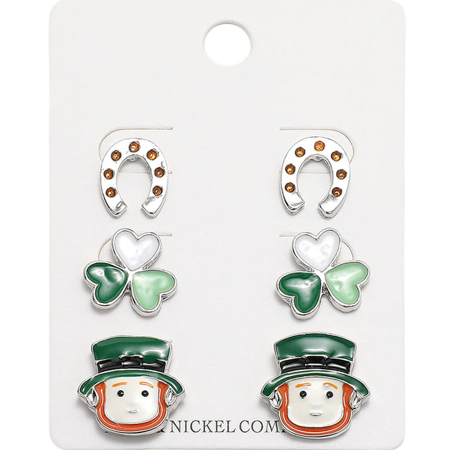 Multi-Rhodium-Enamel St Patricks Clover Leprechaun Horseshoe Stud Earring Set is a must-have for any St. Patrick's Day celebration. The vibrant enamel design features both clovers and leprechauns, representing luck and prosperity. The metal horseshoe adds an extra touch of charm. Elevate your holiday outfit with this festive and stylish accessory.