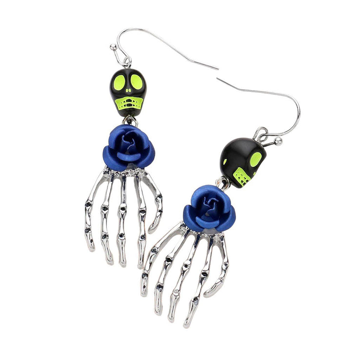 Multi-Rhodium-Halloween Rose Pointed Skull Skeleton Hand Dangle Earrings, Perfect for adding a touch of spooky style to any outfit. Crafted with intricate detail, these earrings feature a rose design with a pointed skull and skeleton hand dangle. Made of high-quality materials, and comfortable to wear.