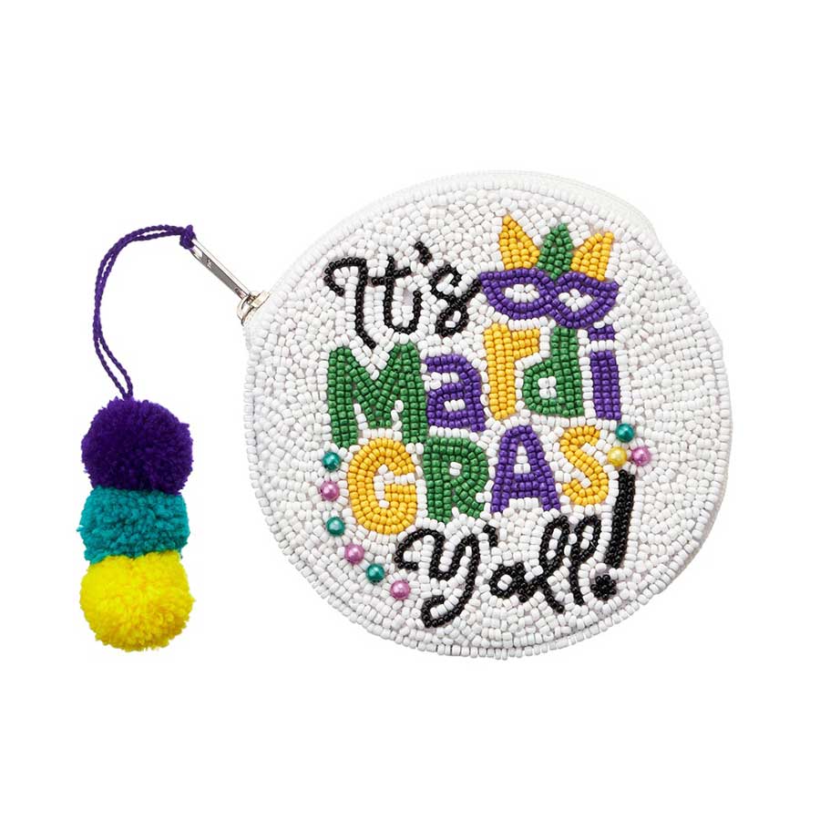 Multi Seed Beaded It's Mardi Gras Y'all! Message Circle Pom Pom Mini Pouch Bag, is the perfect accessory for any Mardi Gras celebration. Crafted with colorful seed beads, this festive pouch features a pom pom for extra texture. Stylish and fun, it's sure to make a statement wherever you go.