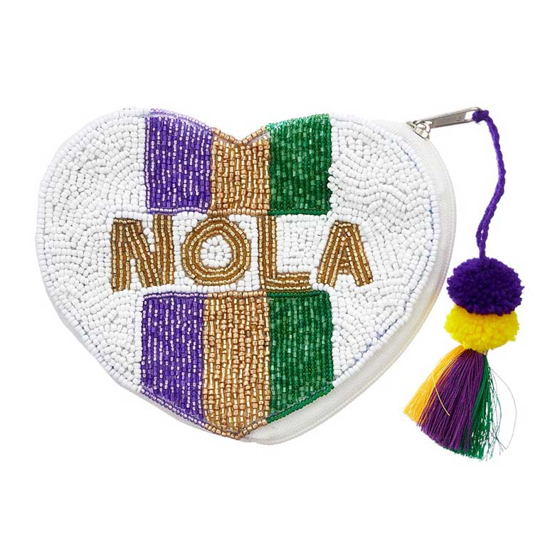 Multi Seed Beaded Mardi Gras Nola Message Pom Pom Tassel Mini Pouch Bag, combines timeless style with modern touches. Crafted from high-quality materials in a heart-shaped design, it is perfect for adding a touch of luxury to any ensemble. The pom poms and tassels complete its festive look. Perfect Festive gift idea.