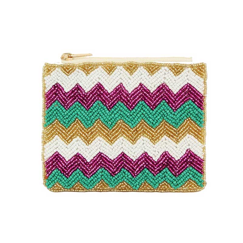 Multi Seed Beaded Mardi Gras Zigzag Chevron Patterned Mini Pouch Bag, make a statement in the Mardi Gras with your accessories. This mini pouch bag will be sure to turn heads wherever you go. The zigzag chevron pattern is unique and eye-catching, while the secure zipper closure is perfect for keeping small items.