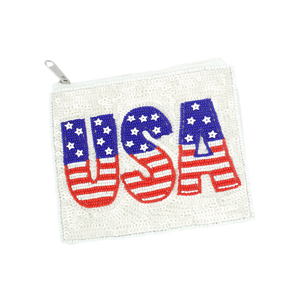 Multi Sequin Beaded American USA Pointed Seed Beaded Mini Pouch Bag features intricate sequin beading in an eye-catching American USA design. With a pointed shape and mini size, it is perfect for storing small essentials while adding a touch of patriotic glamour to any outfit. Stand out with this unique and stylish pouch bag. 