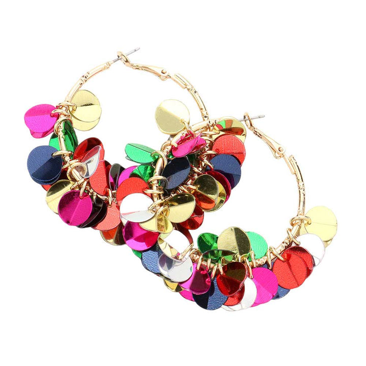 Multi Sequin Dangle Hoop Earrings, are fun handcrafted jewelry that fits your lifestyle, adding a pop of pretty color. Enhance your attire with these vibrant artisanal earrings to show off your fun trendsetting style. Great gift idea for your Wife, Mom, your Loving one, or any family member.