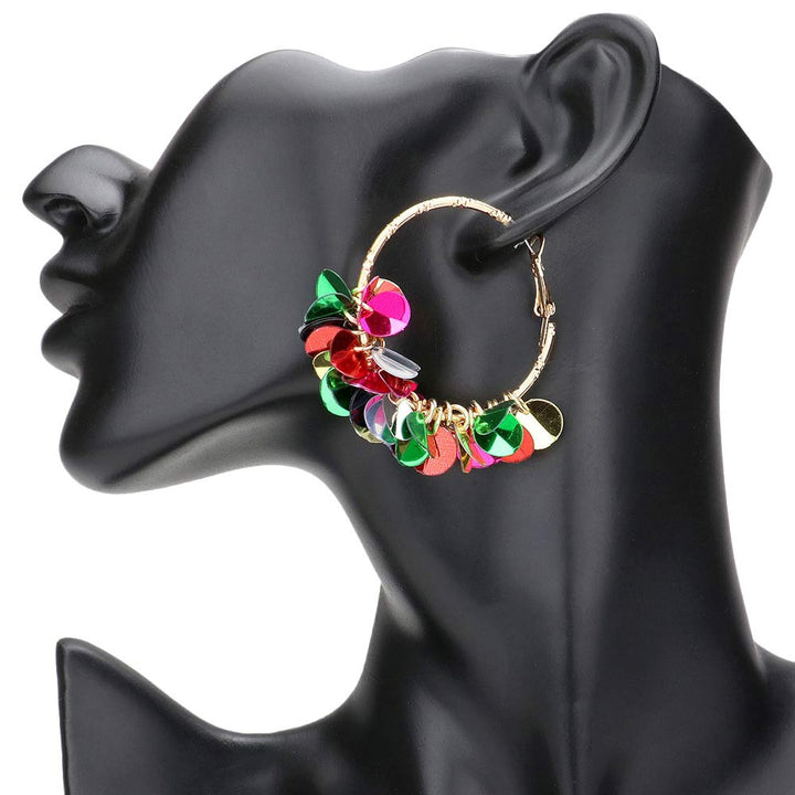 Multi Sequin Dangle Hoop Earrings, are fun handcrafted jewelry that fits your lifestyle, adding a pop of pretty color. Enhance your attire with these vibrant artisanal earrings to show off your fun trendsetting style. Great gift idea for your Wife, Mom, your Loving one, or any family member.