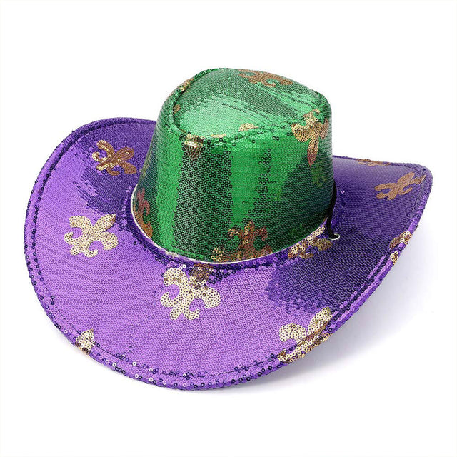 Multi Festive cowboy-style hat designed for parades, themed parties, and carnival celebrations. Features a bold fleur-inspired accent and structured western silhouette that enhances costumes, group looks, photo moments, and event styling with playful statement appeal.