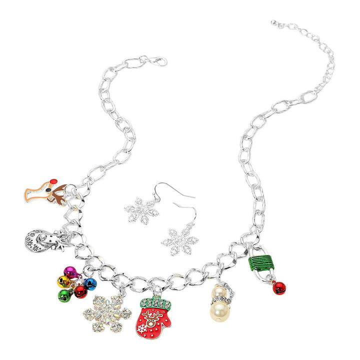 Holiday necklace featuring festive charms like mittens, bells, snowflakes, and reindeer. Comes with matching snowflake earrings. A cheerful accessory for seasonal events or gifting.