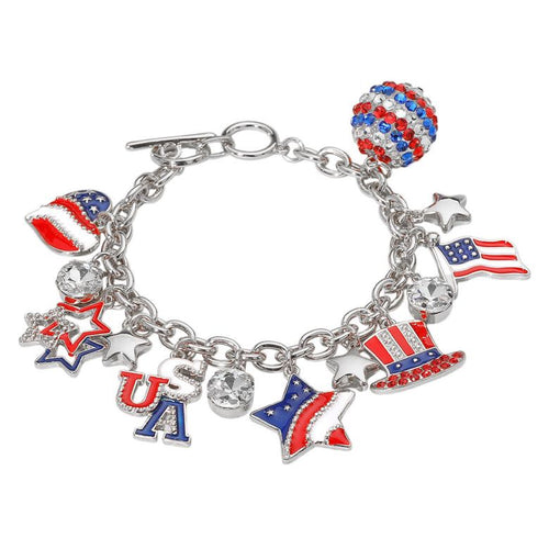Women's Enamel Stone Paved American USA Flag Message Shamballa Ball Charm Embellished Toggle Bracelet 4th of July - Multi Silver