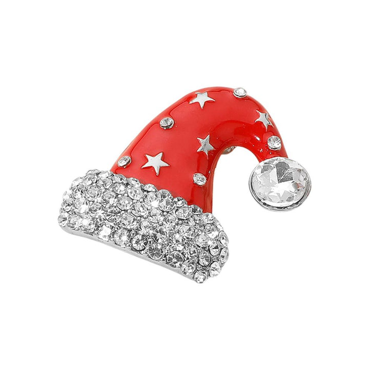 Festive Santa hat brooch adorned with sparkling rhinestones and star accents. Perfect for adding holiday cheer to jackets, scarves, or bags during Christmas celebrations.