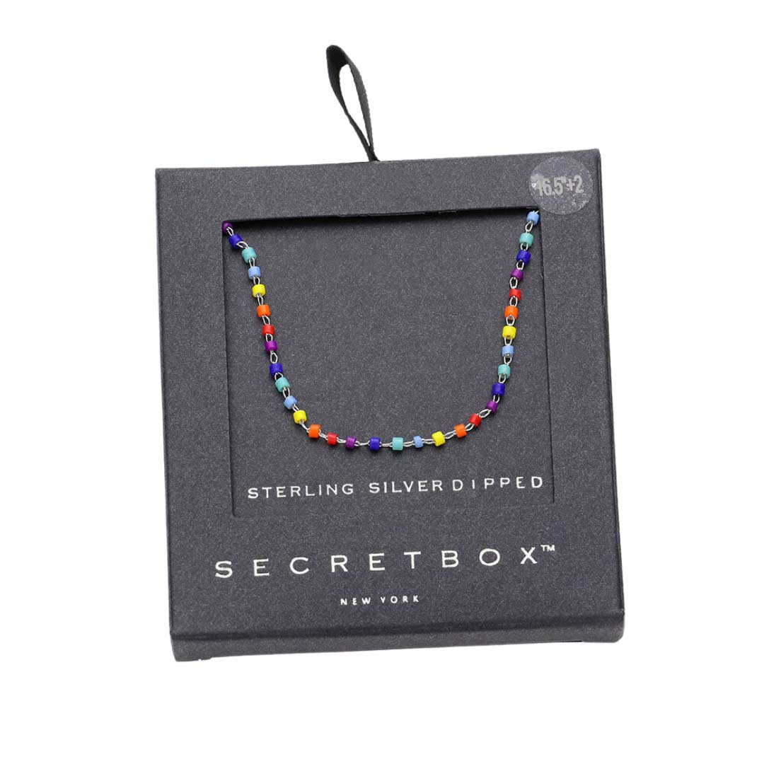 Multi Silver Secret Box Sterling Silver Rainbow Colorful Bead Necklace, The beautifully crafted design adds a gorgeous glow to any outfit. Perfect Birthday Gift, Anniversary Gift, Mother's Day Gift, Anniversary Gift, Graduation Gift, Prom Jewelry, Just Because Gift, Thank you Gift, or Charm Necklace. Stay classy & luxurious.