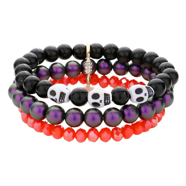Multi Skull Pointed Triple Layered Beaded Stretch Bracelet, enhance your attire with this beautiful Halloween bracelet to show off your fun trendsetting style at Halloween. This pretty bracelet will surely bring a smile to one's face as a gift. This is the perfect gift for Halloween, especially for your friends and family.