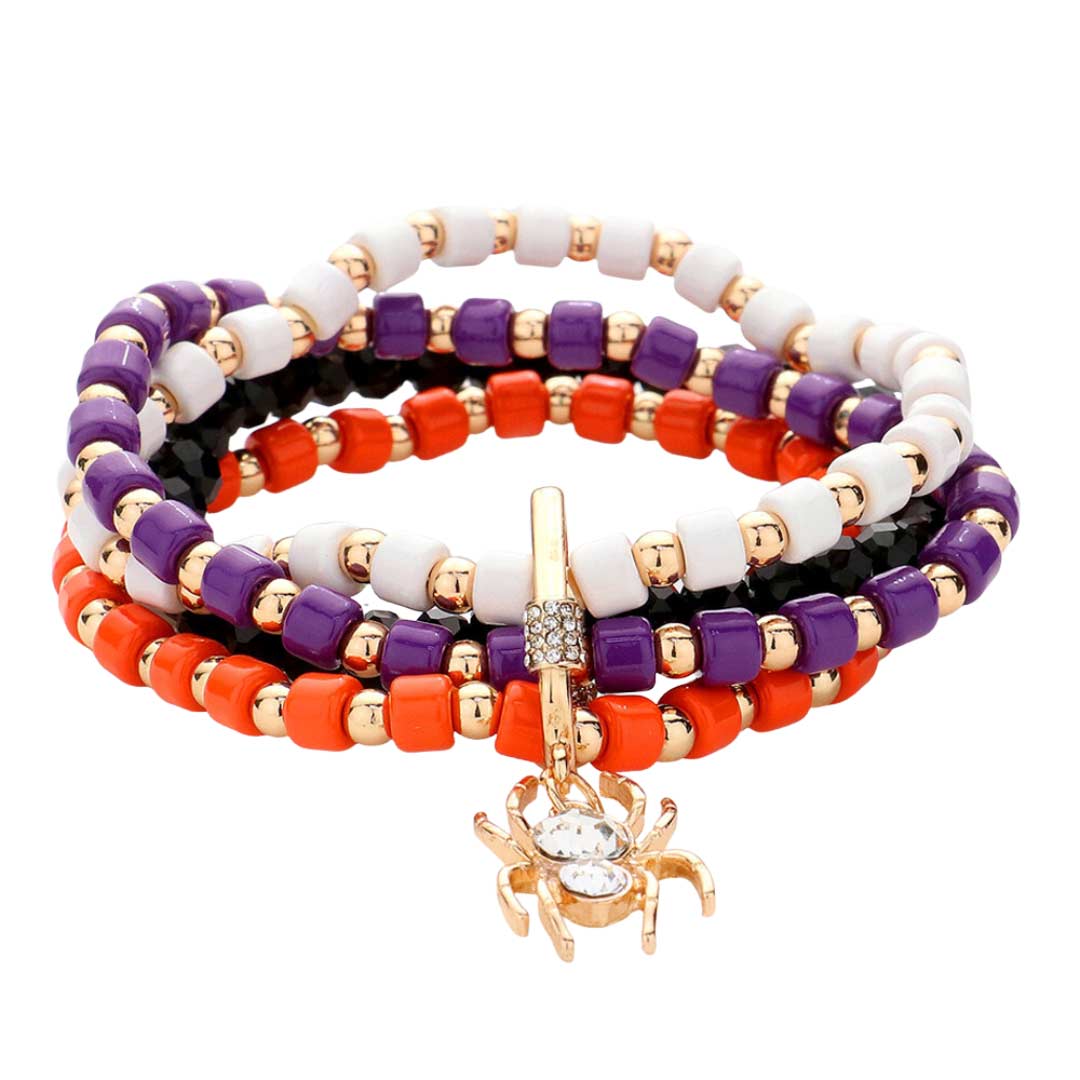 Multi Spider Charm Multi Layered Beaded Stretch Bracelet, enhance your attire with this beautiful Halloween bracelet to show off your fun trendsetting style at Halloween. This pretty bracelet will surely bring a smile to one's face as a gift. This is the perfect gift for Halloween, especially for your friends and family.