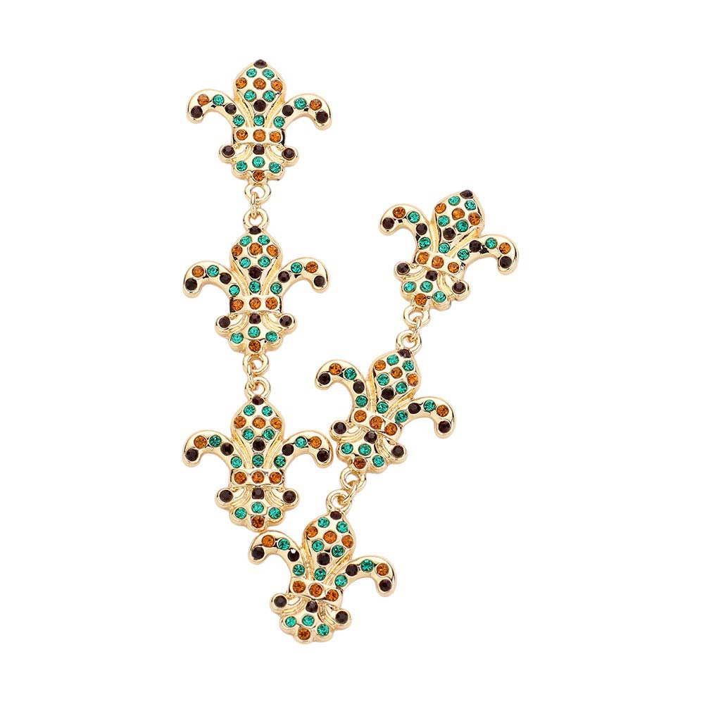 Multi Stone Paved Fleur de Lis Link Dropdown Earrings are the perfect addition to any outfit. The intricate design and high-quality stones make them a must-have for any jewelry lover. With a secure dropdown link, you can easily wear them all day without worry. Elevate your style with these stunning earrings.