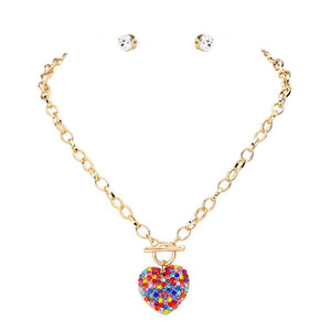Multi Stone Paved Heart Pendant Metal Toggle Jewelry Set, is a timeless and elegant addition to any jewelry collection. Made with high-quality materials, this set features a stunning stone paved heart pendant and a metal toggle closure for easy and secure wear. Elevate any outfit with this versatile and classic set.