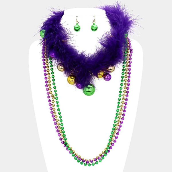 Multi Mardi Gras Feather Ball Beaded Layered Necklace is the perfect accessory for your next festive celebration. Featuring vibrant beads and playful feather accents, this necklace brings fun and flair to any outfit. The layered design adds depth and dimension, making it a true standout piece. Turn heads and elevate your look with this unique Mardi Gras necklace.