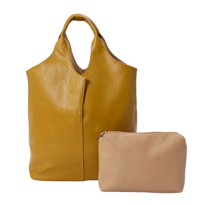 Mustard 2PCS Reversible Metallic Tote and Pouch Bags, offers an all-around stylish and practical way to carry your essentials. Each piece features a zipper closure for secure storage and easy access. The versatile design means you can reverse the bag and create a whole new look! Ideal for everyday use and as a functional gift.