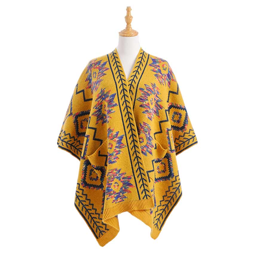Mustard Beautiful Boho Patterned Front Pockets Poncho, with the latest trend in ladies' outfit cover-up! the high-quality knit poncho is soft, comfortable, and warm but lightweight. It's perfect for your daily, casual, party, evening, vacation, and other special events outfits. A fantastic gift for your friends or family.