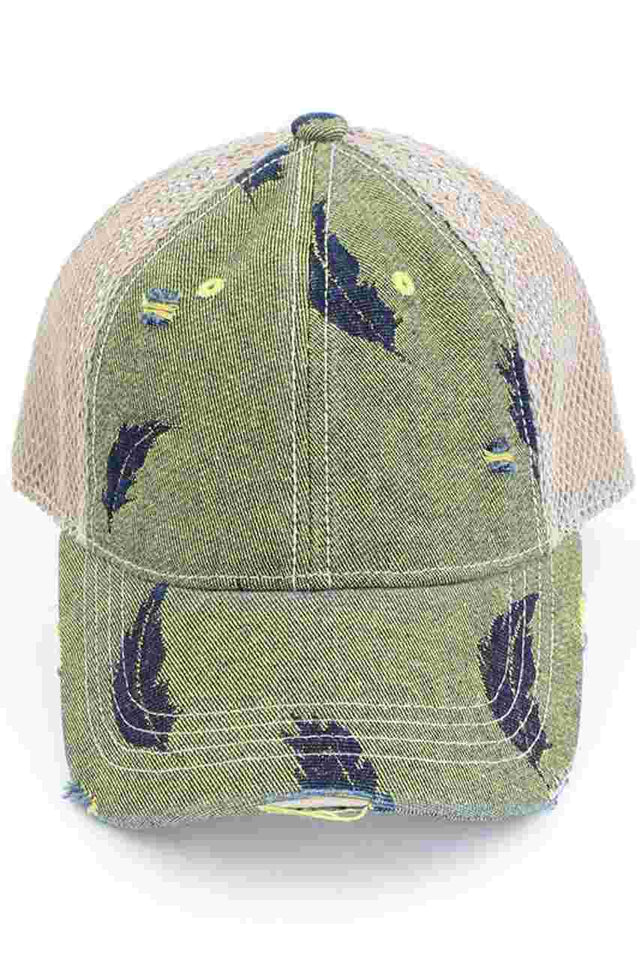 C.C LEAF MOTIF JACQUARD DENIM BASEBALL PONYCAP - Mustard - Baseball Cap