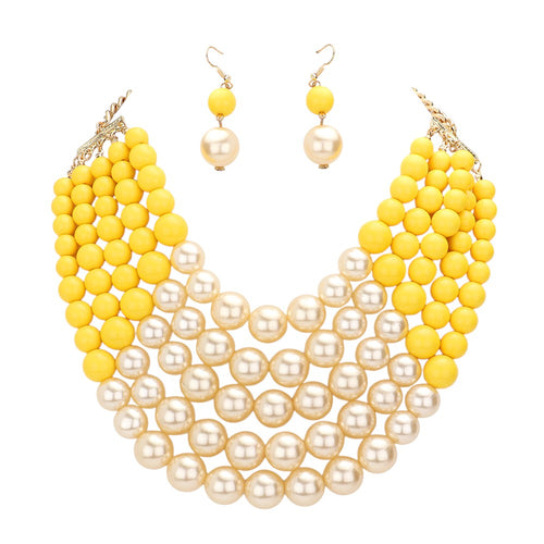 Collar babero grueso de perlas de varias hebras - Mustard