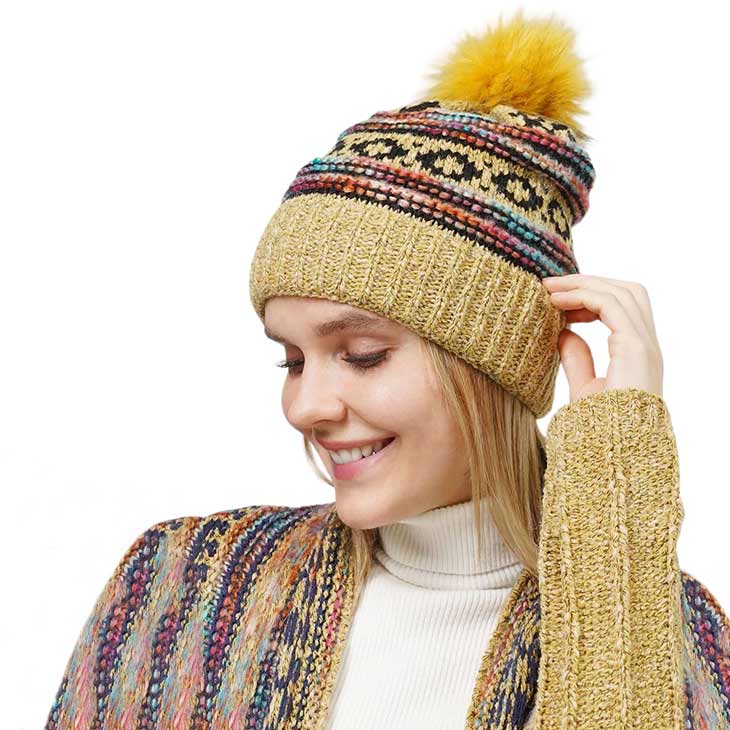 Mustard Ethnic Patterned Knit Pom Pom Beanie Hat, wear this beautiful beanie hat with any ensemble for the perfect finish before running out the door into the cool air. An awesome winter gift accessory and the perfect gift item for Birthdays, Christmas, Stocking stuffers, Secret Santa, holidays, Valentine's Day, etc.
