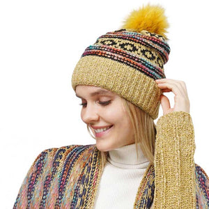 Mustard Ethnic Patterned Knit Pom Pom Beanie Hat, wear this beautiful beanie hat with any ensemble for the perfect finish before running out the door into the cool air. An awesome winter gift accessory and the perfect gift item for Birthdays, Christmas, Stocking stuffers, Secret Santa, holidays, Valentine's Day, etc.