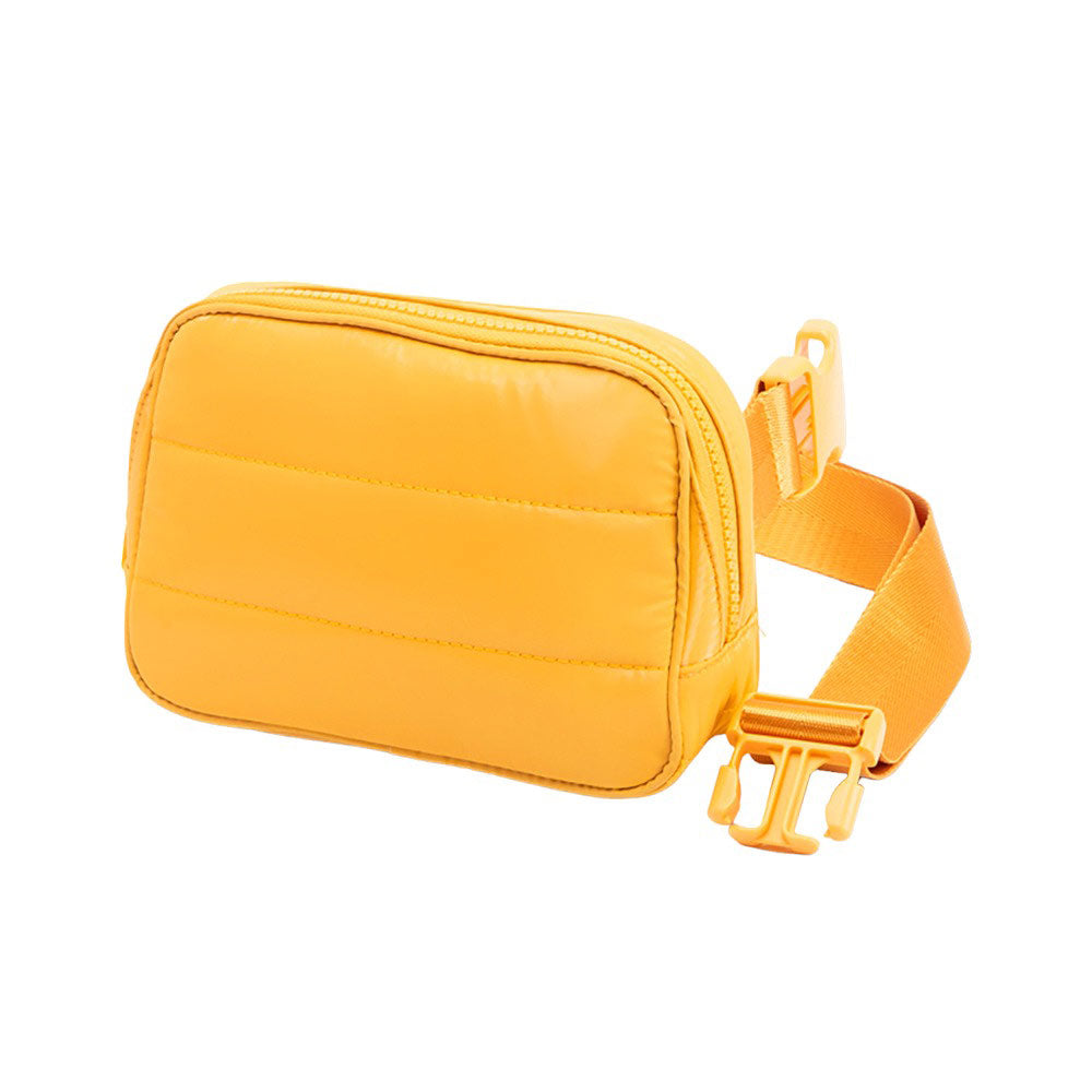 Mustard Glossy Puffer Rectangle Sling Bag Fanny Bag Belt Bag, this stylish is bag made from durable material to ensure maximum protection and comfort. It features a fashionable design with adjustable straps, and secure buckle closure ensuring your valuables are safe and secure. The perfect for any occasion, shopping, etc.