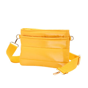 Mustard Glossy Solid Puffer Crossbody Bag, Complete the look of any outfit on all occasions with this Shiny Puffer Crossbody Bag. This Puffer bag offers enough room for your essentials. With a One Front Zipper Pocket, One Back Zipper Pocket, and a Zipper closure at the top, this bag will be your new go-to! The zipper closure design ensures the safety of your property. The widened shoulder straps increase comfort and reduce the pressure on the shoulder.