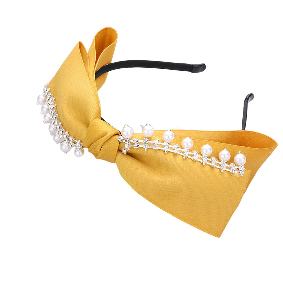 Mustard Pearl Stone Embellished Bow Headband, the combination of stone sewn on an oversized headband will make you feel glamorous. Be ready to receive compliments. Be the ultimate trendsetter wearing this chic headband with all your stylish outfits! These are beautifully designed on a bow and pearl theme to put on a pop of color and complete your ensemble.