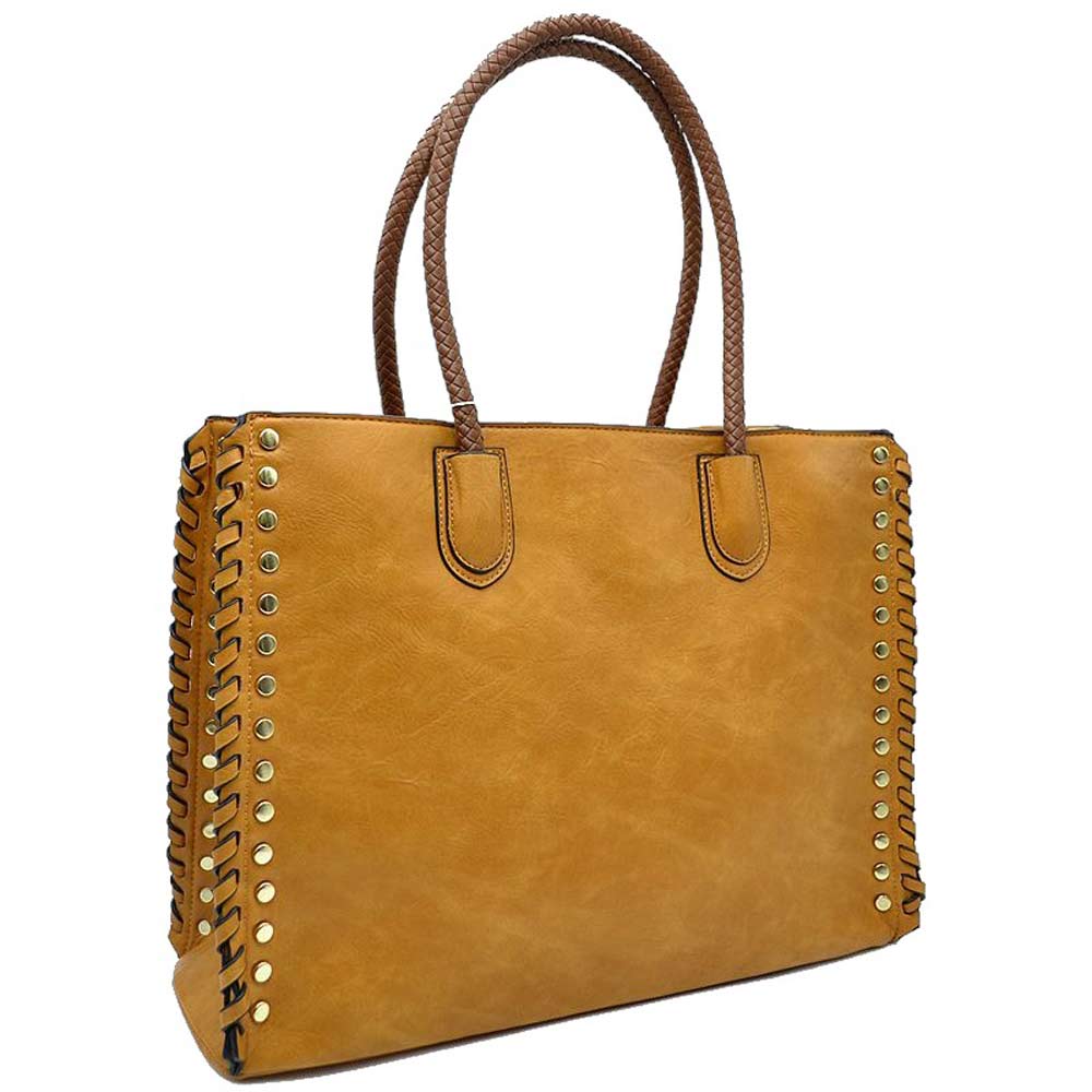 Mustard Studded Faux Leather Whipstitch Shoulder Bag Tote Bag, is crafted from high-quality faux leather, featuring a stylish whipstitch trim and studded accents. Its adjustable strap makes it perfect for everyday use, this spacious handbag features a roomy interior to hold all your essentials. This bag is sure to turn heads.