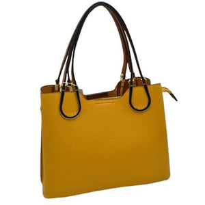 Mustard Textured Faux Leather Horseshoe Handle Women's Tote Bag, featuring an eye-catching textured faux leather exterior and a horseshoe-shaped handle. The bag has a spacious interior, perfect for days when you need to carry a lot of items. Its structure and design ensure that your items will stay secure even on the go.
